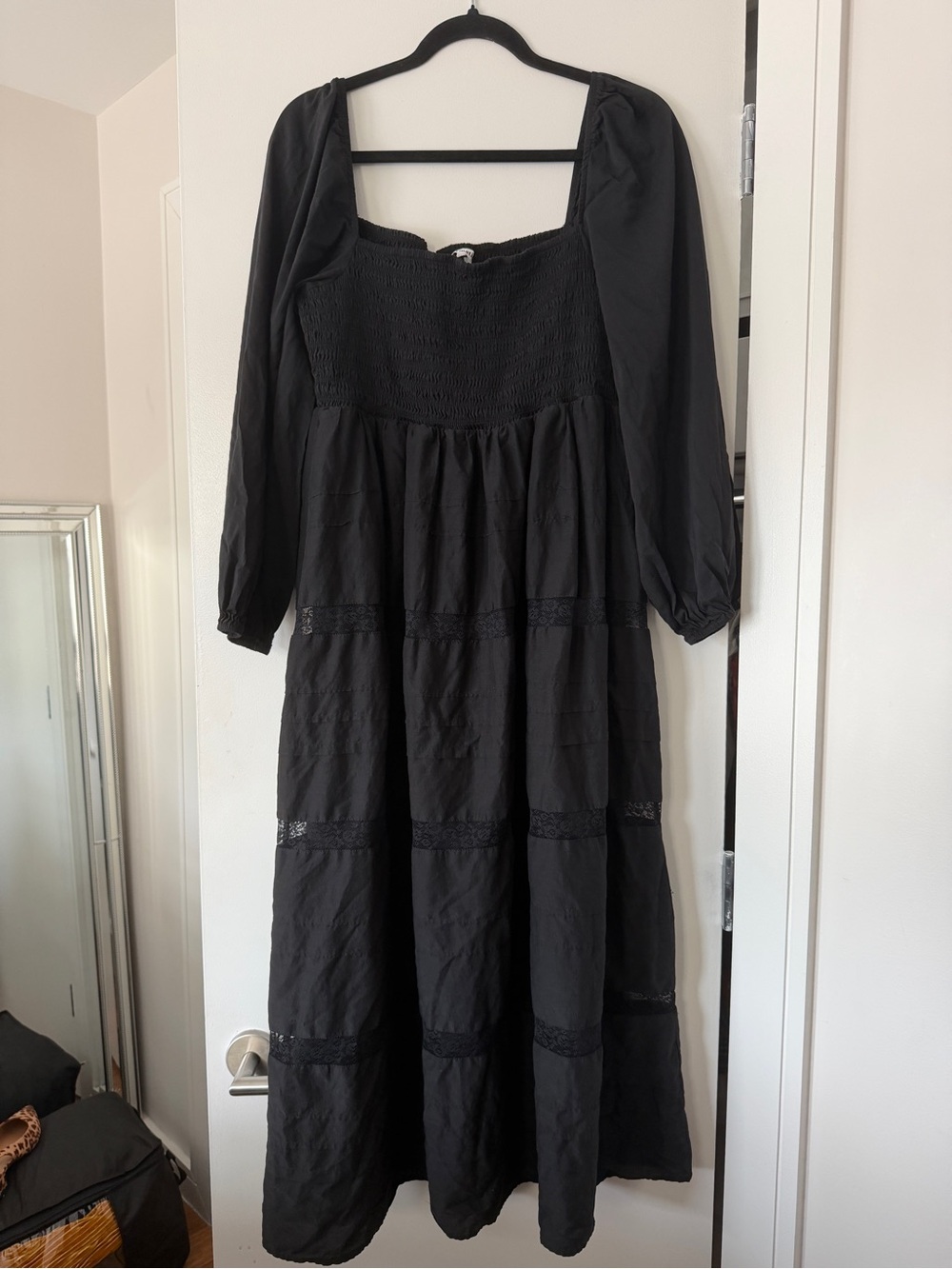 Reformation Women’s Black Smocked Midi Dress 3/4 Puff Sleeve XL